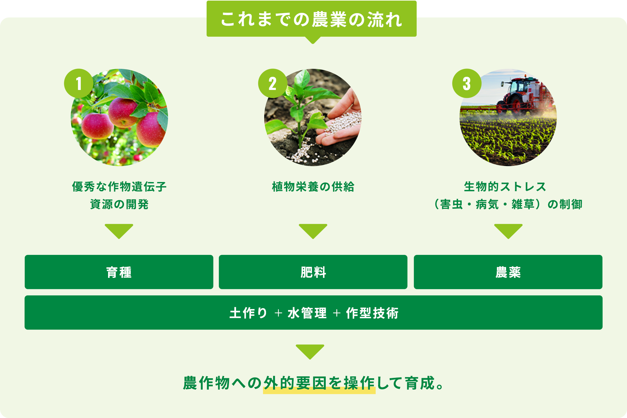 これまでの農業の流れ 1.優秀な作物遺伝子資源の開発
1,優秀な作物遺伝子 資源の開発 > 育種 > 土作り + 水管理 + 作型技術
2,植物栄養の供給 資源の開発 > 肥料 > 土作り + 水管理 + 作型技術
3,生物的ストレス(害虫・病気・雑草)の制御 資源の開発 > 農薬 > 土作り + 水管理 + 作型技術
農作物への外的要因を操作して育成。