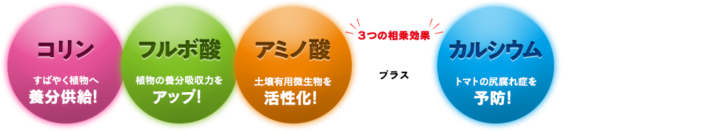 コリン酸、フルボ酸、アミノ酸＋カルシウムなどの各種ミネラル配合